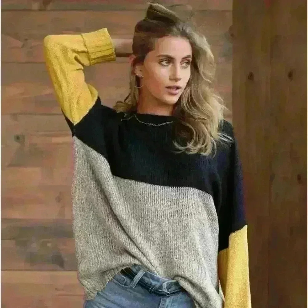 SHEIN Women's Small Tri-Color Boat Neck Pullover Sweater Black/Yellow